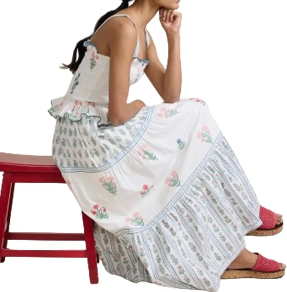 Women Boho Floral Maxi Dress Spaghetti Strap Square Neck Smocked Ruffle Long Cami Dress 2024 Summer A-Line Flowy Sundress