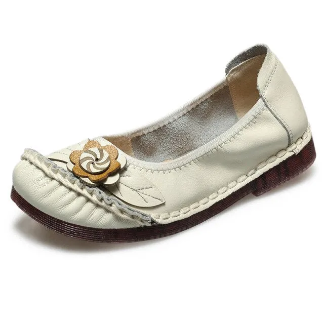 Women Comfortable Genuine Leather Ballet Flats With Flower