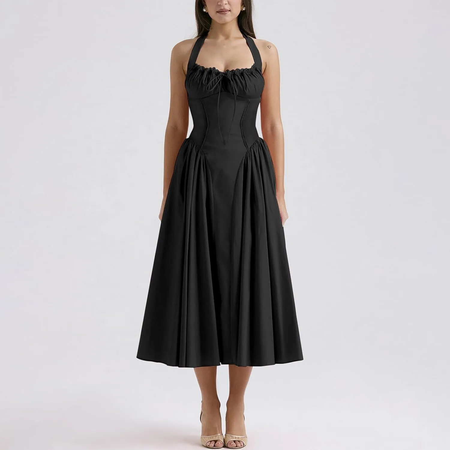 Women Floral Corset Dress Halter Neck Low Cut Bustier Lace Midi Dress Flowy Pleated Hem Long Sundress with Pockets