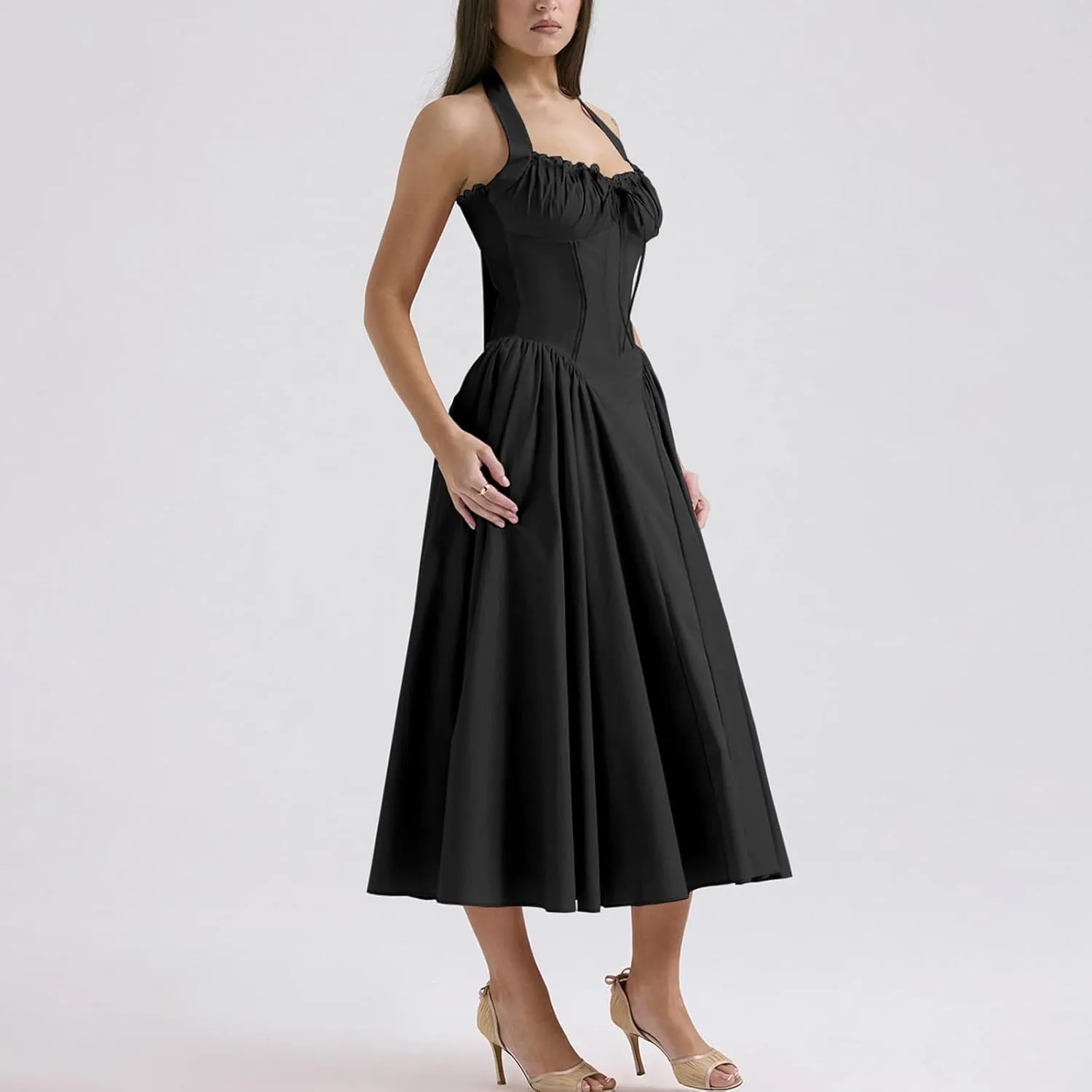 Women Floral Corset Dress Halter Neck Low Cut Bustier Lace Midi Dress Flowy Pleated Hem Long Sundress with Pockets