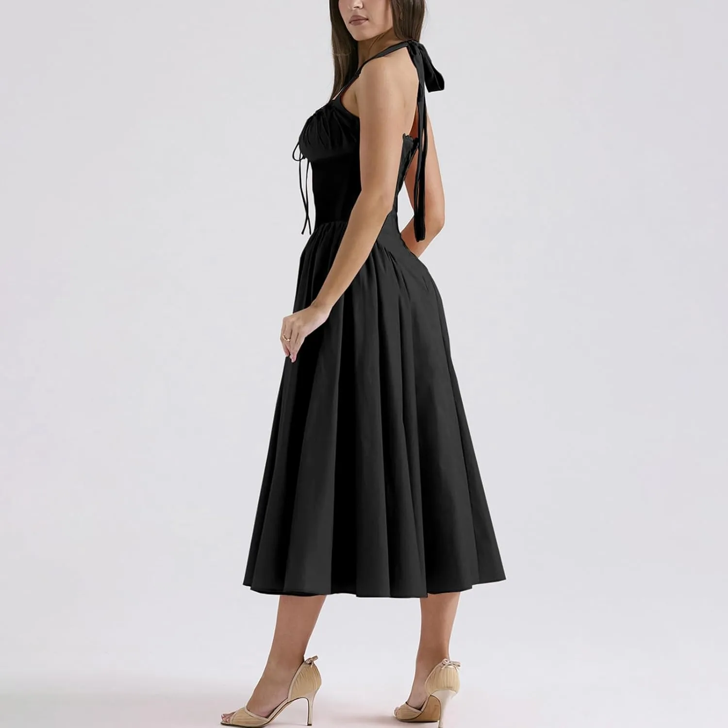 Women Floral Corset Dress Halter Neck Low Cut Bustier Lace Midi Dress Flowy Pleated Hem Long Sundress with Pockets