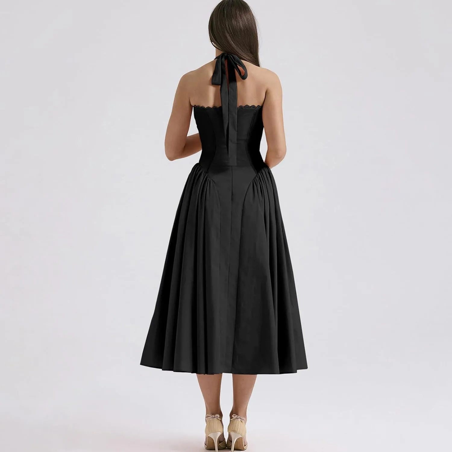 Women Floral Corset Dress Halter Neck Low Cut Bustier Lace Midi Dress Flowy Pleated Hem Long Sundress with Pockets