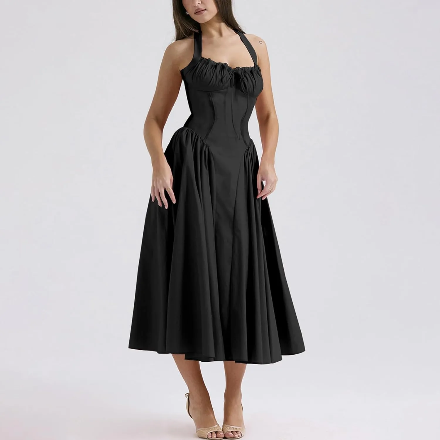 Women Floral Corset Dress Halter Neck Low Cut Bustier Lace Midi Dress Flowy Pleated Hem Long Sundress with Pockets