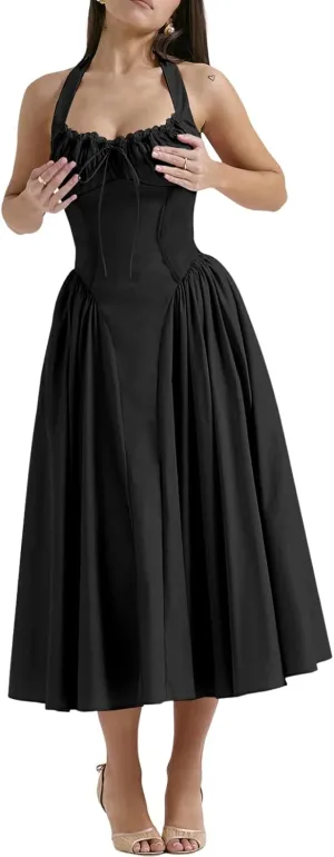 Women Floral Corset Dress Halter Neck Low Cut Bustier Lace Midi Dress Flowy Pleated Hem Long Sundress with Pockets