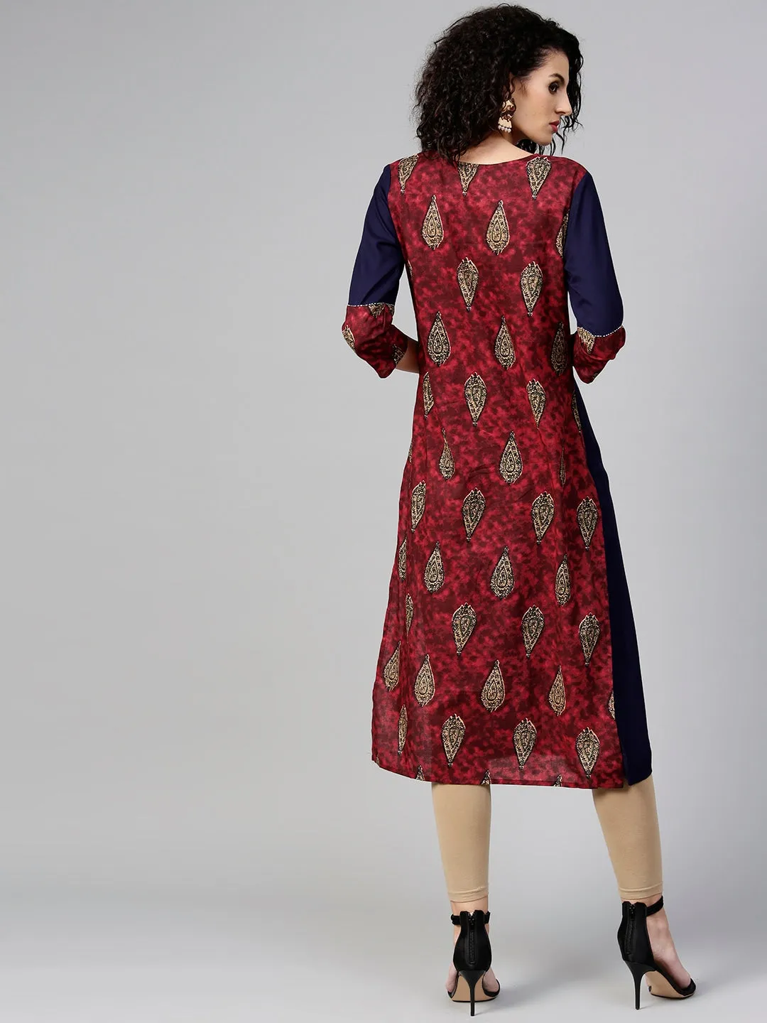 Women Maroon & Navy Blue Printed Kurta