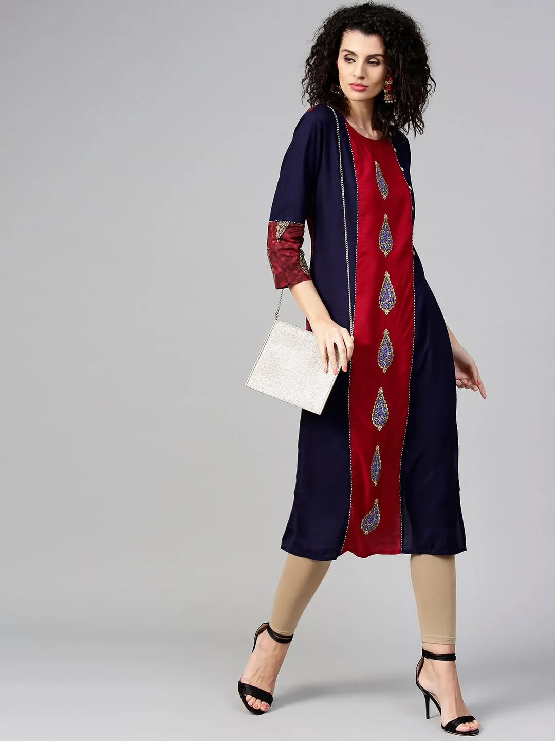 Women Maroon & Navy Blue Printed Kurta