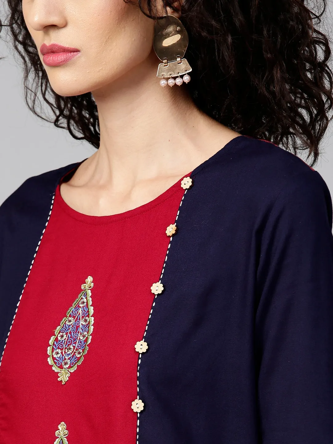 Women Maroon & Navy Blue Printed Kurta