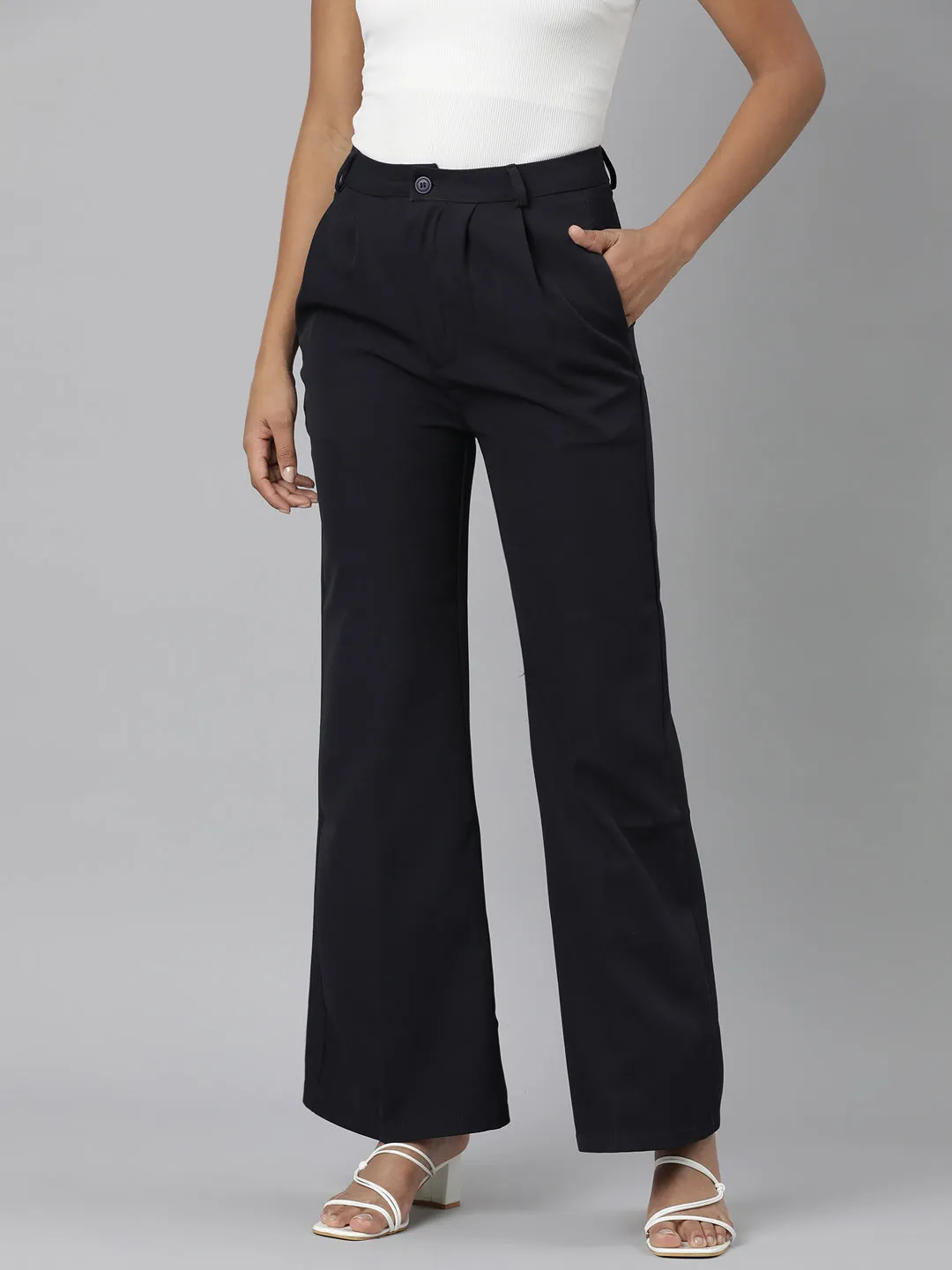 Women Navy Blue Relaxed Straight Leg Flared Cotton Bootcut Trousers