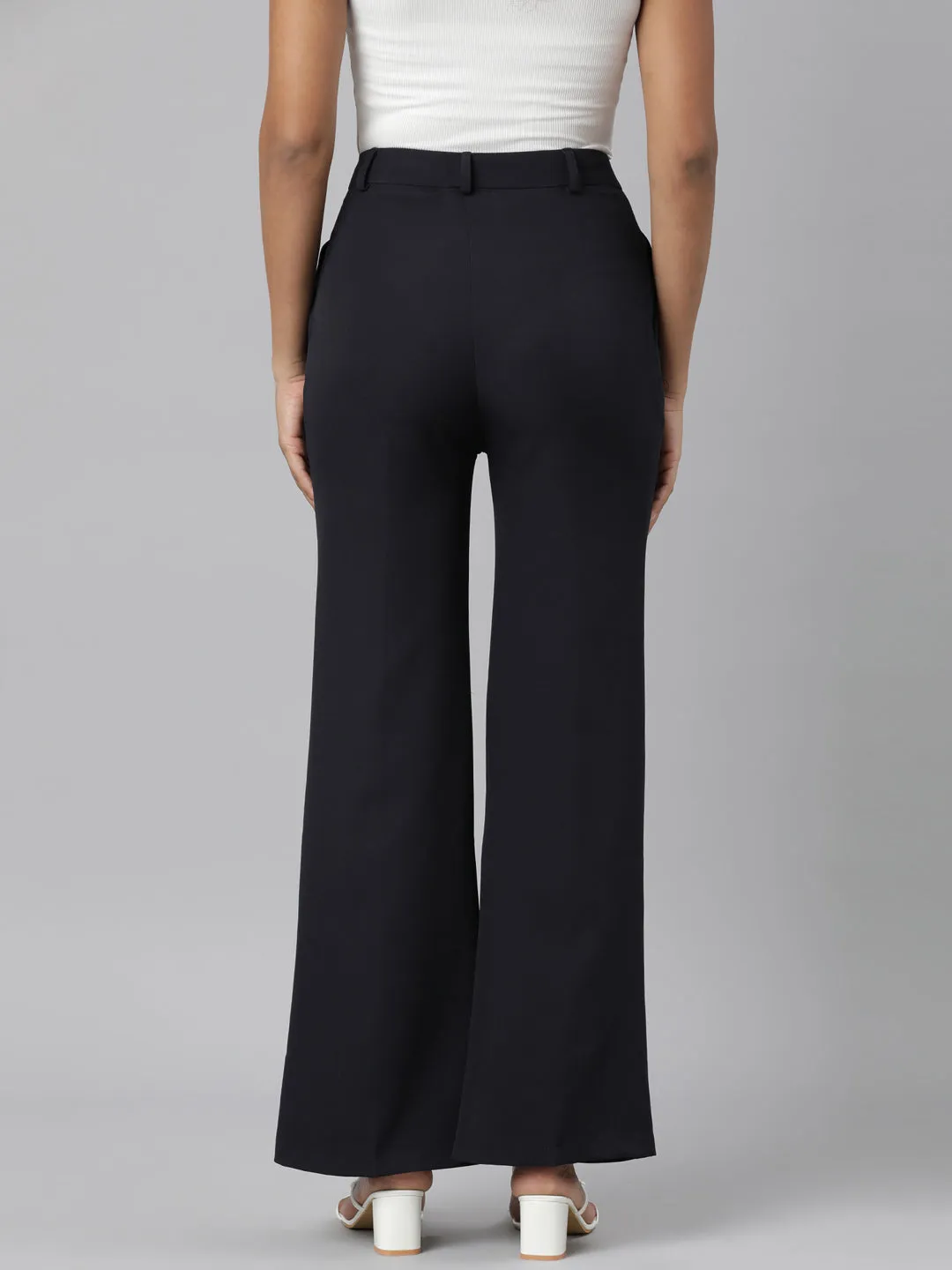 Women Navy Blue Relaxed Straight Leg Flared Cotton Bootcut Trousers