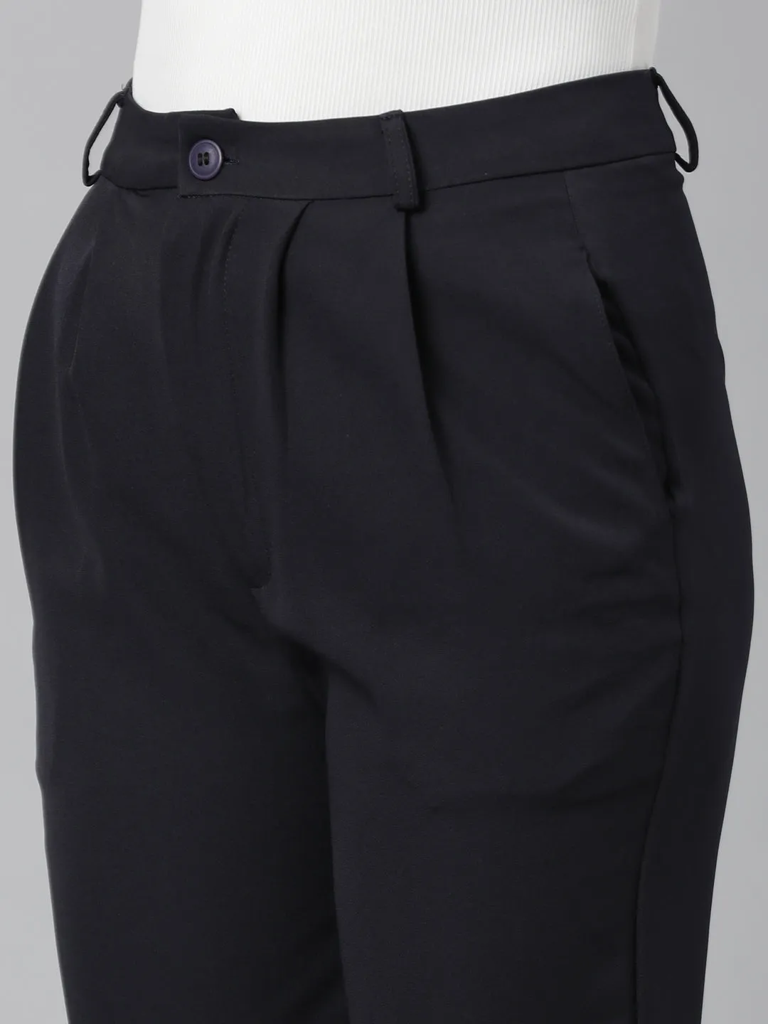 Women Navy Blue Relaxed Straight Leg Flared Cotton Bootcut Trousers