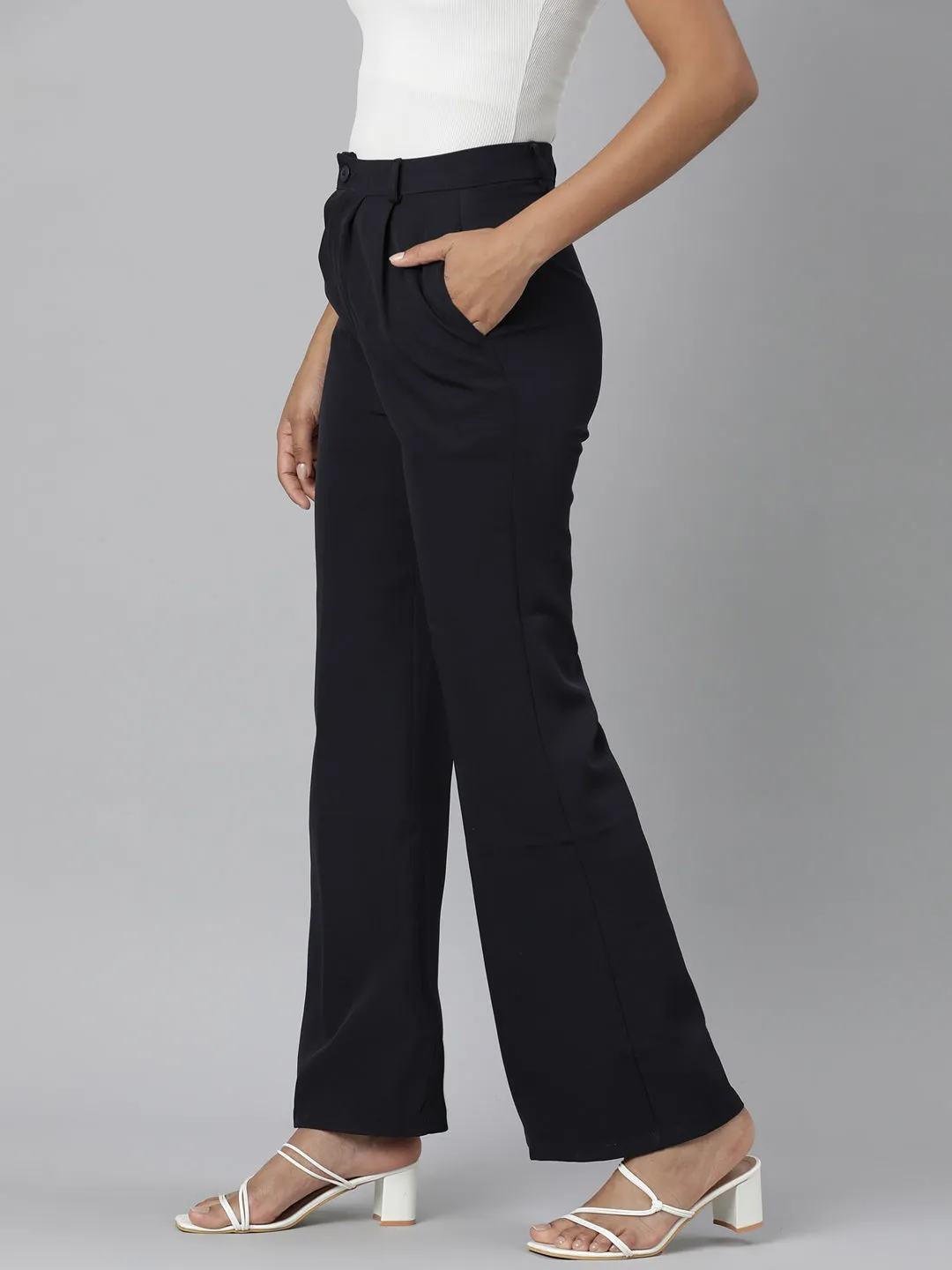 Women Navy Blue Relaxed Straight Leg Flared Cotton Bootcut Trousers