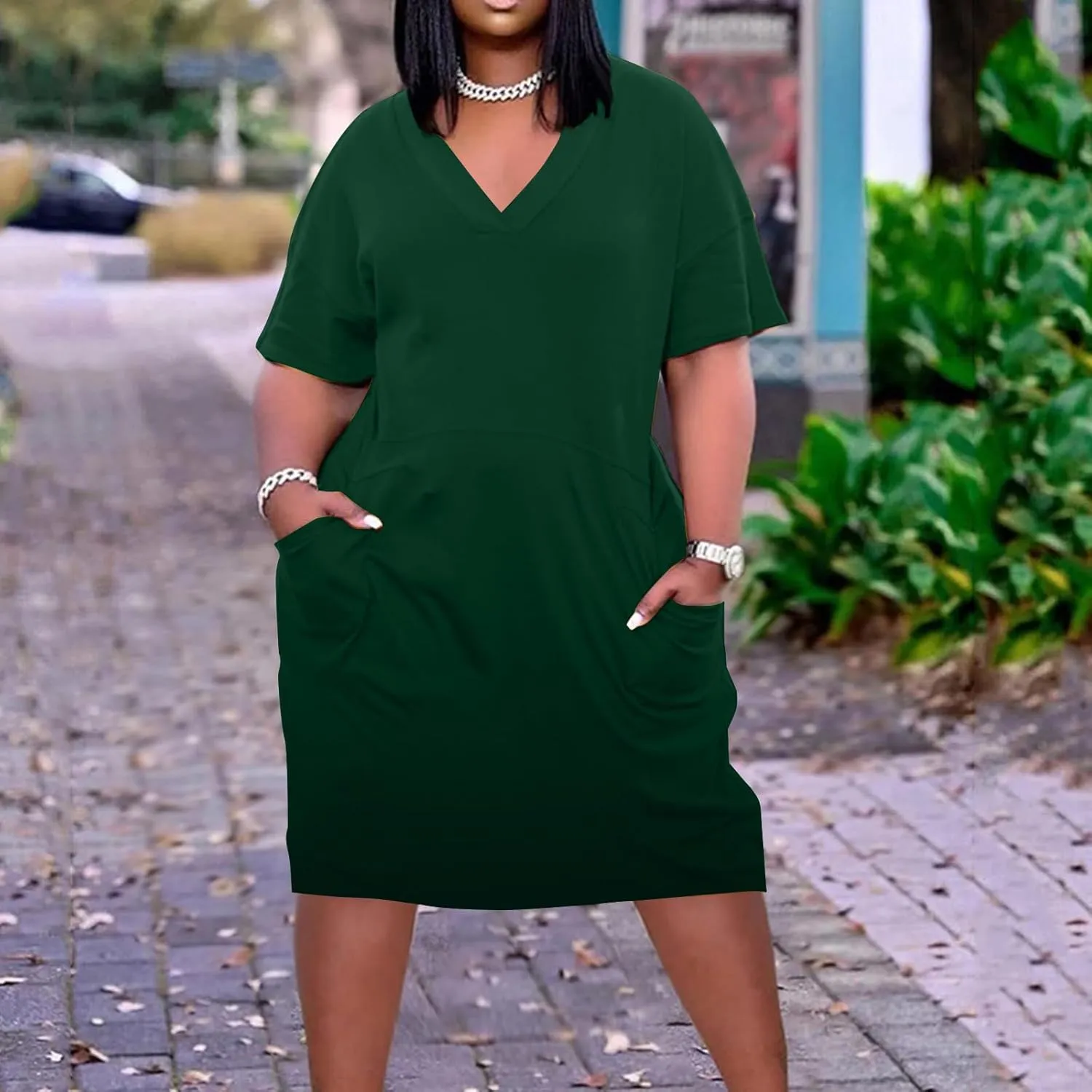 Women Oversized Shirt Dress V Neck Short Sleeve Midi Dresses Casual Summer Loose Plus Size Drees with Pockets