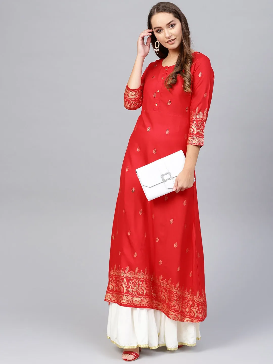 Women Red & Golden Printed Kurta