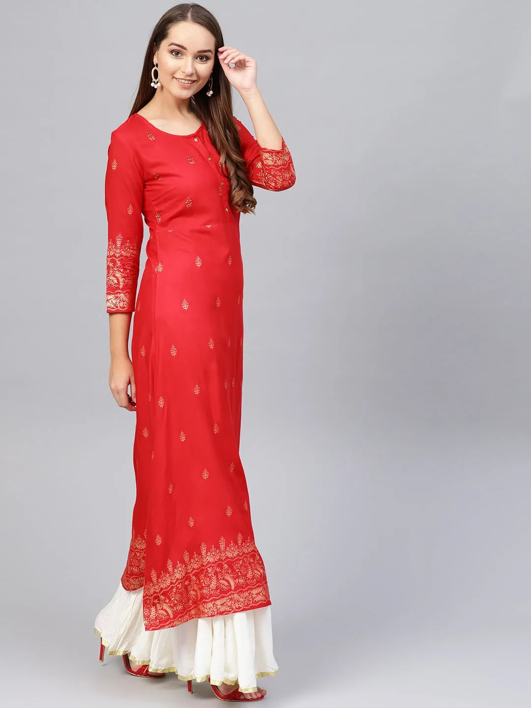 Women Red & Golden Printed Kurta