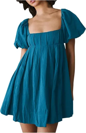 Women Summer Cotton Mini Dresses Square Neck Ruffle Sleeve Solid Color Simple Flowy Club Party Short Dress