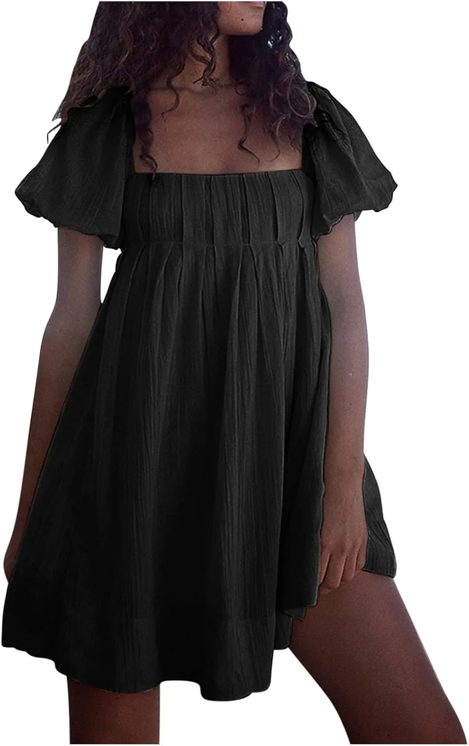 Women Summer Cotton Mini Dresses Square Neck Ruffle Sleeve Solid Color Simple Flowy Club Party Short Dress