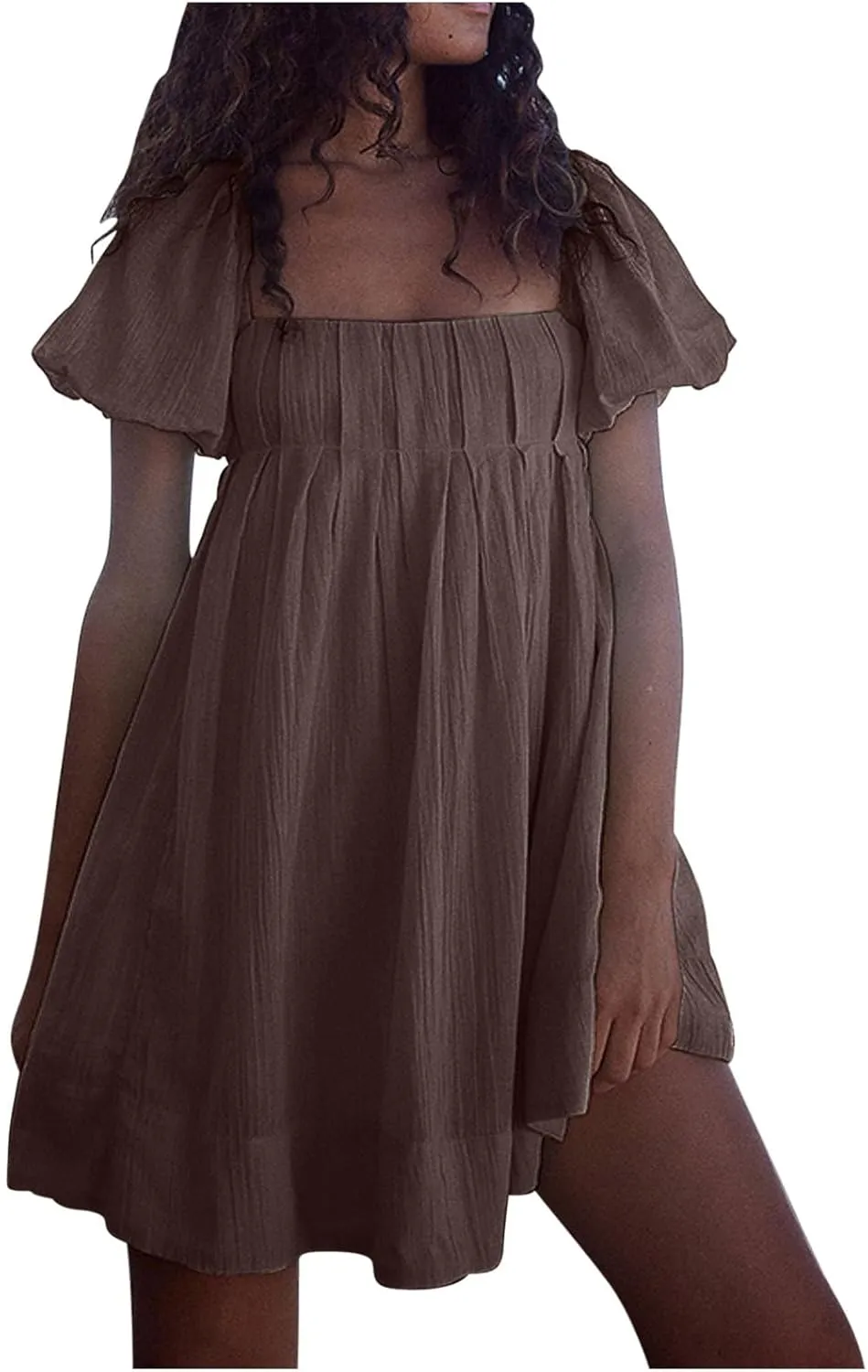 Women Summer Cotton Mini Dresses Square Neck Ruffle Sleeve Solid Color Simple Flowy Club Party Short Dress