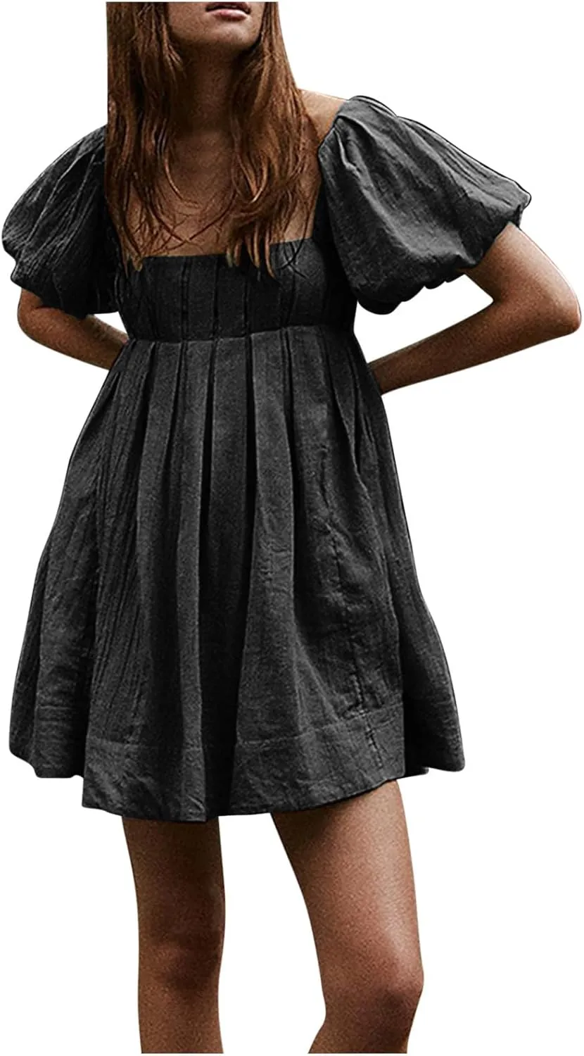 Women Summer Cotton Mini Dresses Square Neck Ruffle Sleeve Solid Color Simple Flowy Club Party Short Dress