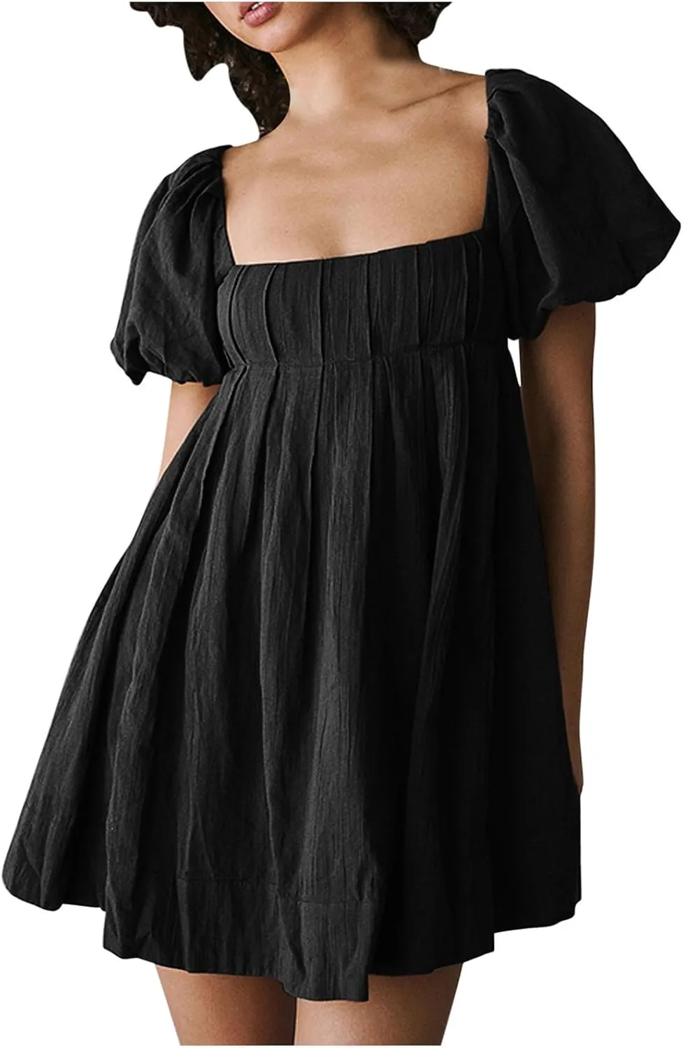 Women Summer Cotton Mini Dresses Square Neck Ruffle Sleeve Solid Color Simple Flowy Club Party Short Dress