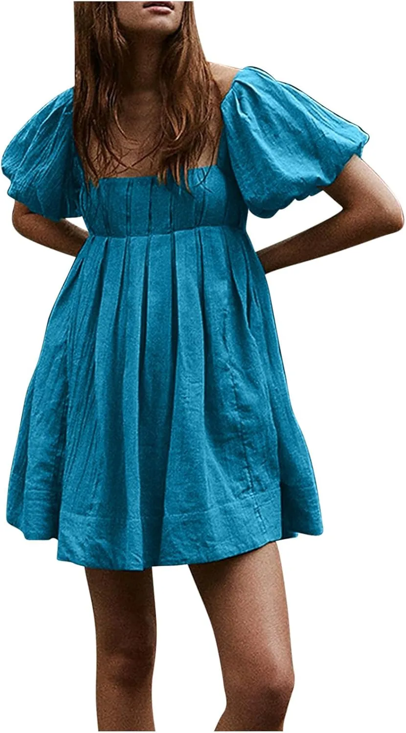 Women Summer Cotton Mini Dresses Square Neck Ruffle Sleeve Solid Color Simple Flowy Club Party Short Dress