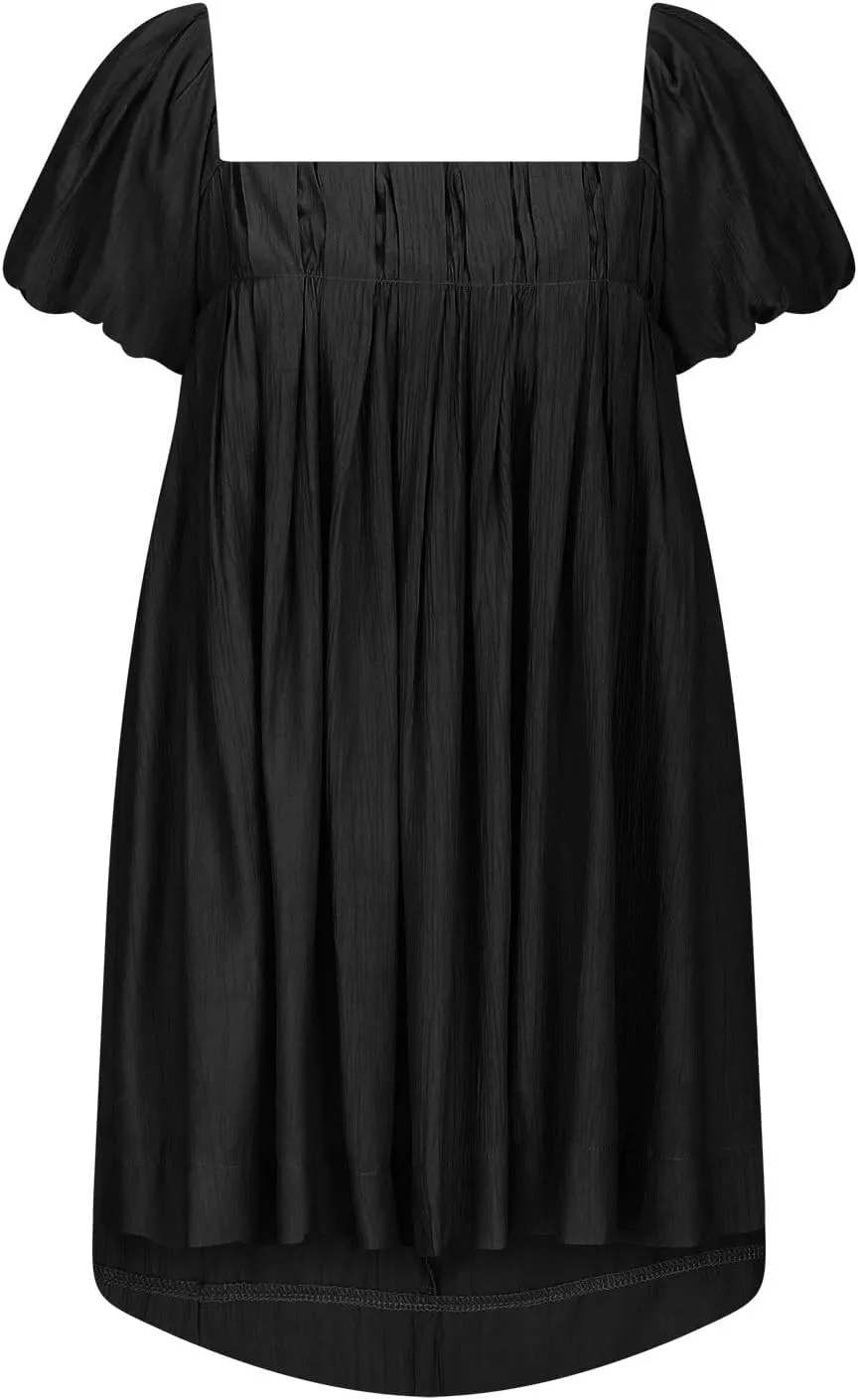 Women Summer Cotton Mini Dresses Square Neck Ruffle Sleeve Solid Color Simple Flowy Club Party Short Dress