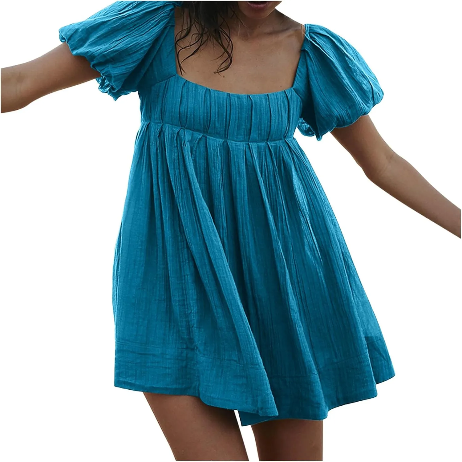 Women Summer Cotton Mini Dresses Square Neck Ruffle Sleeve Solid Color Simple Flowy Club Party Short Dress