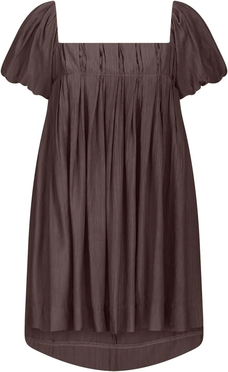 Women Summer Cotton Mini Dresses Square Neck Ruffle Sleeve Solid Color Simple Flowy Club Party Short Dress
