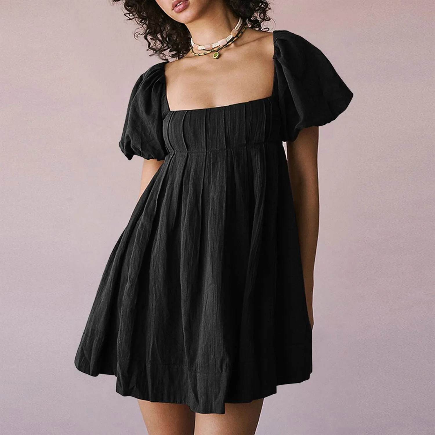 Women Summer Cotton Mini Dresses Square Neck Ruffle Sleeve Solid Color Simple Flowy Club Party Short Dress