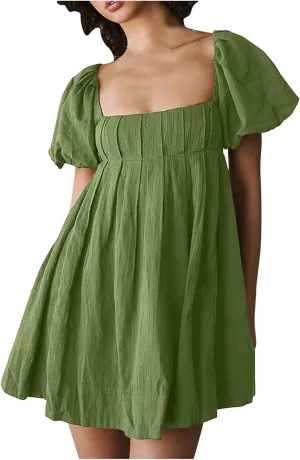 Women Summer Cotton Mini Dresses Square Neck Ruffle Sleeve Solid Color Simple Flowy Club Party Short Dress