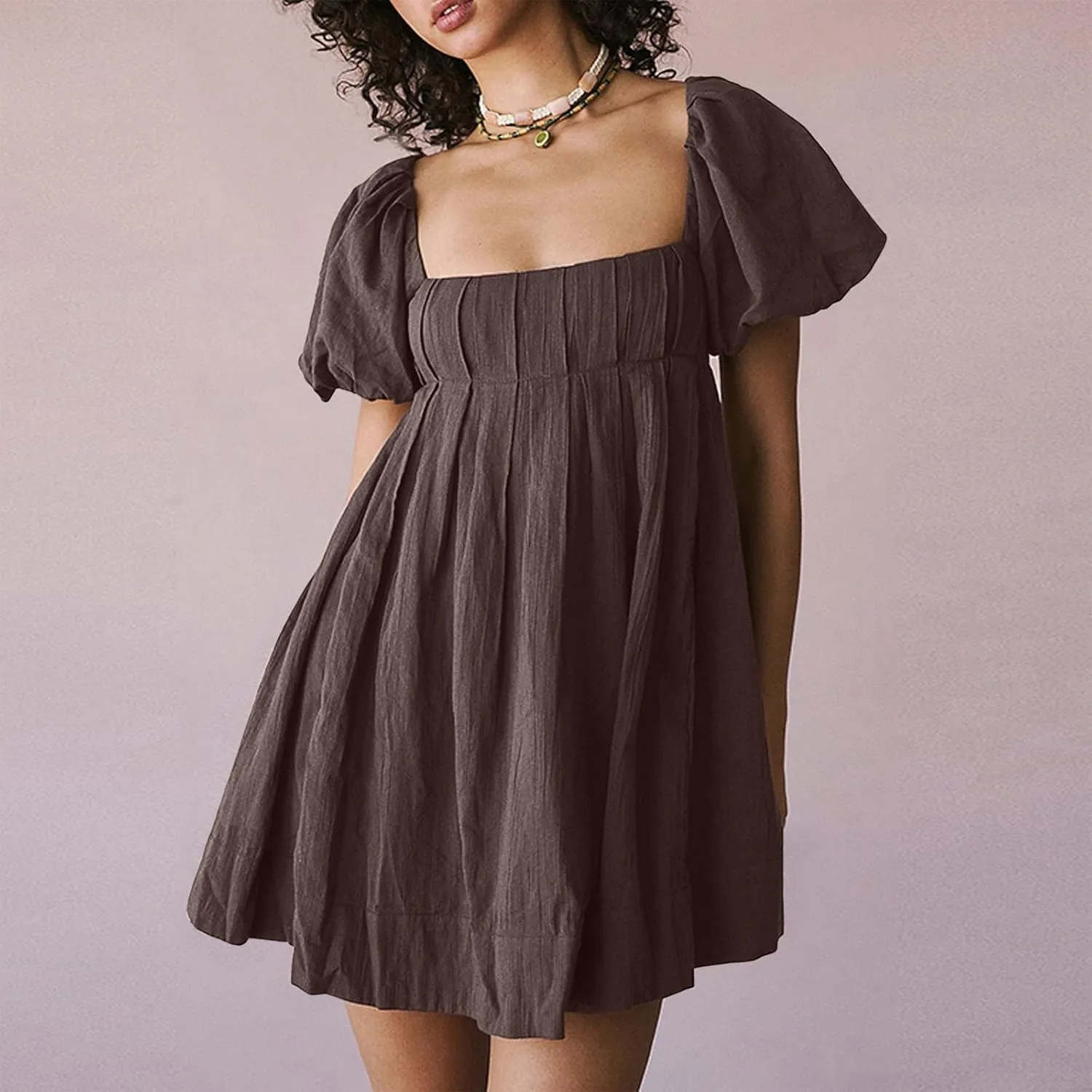 Women Summer Cotton Mini Dresses Square Neck Ruffle Sleeve Solid Color Simple Flowy Club Party Short Dress