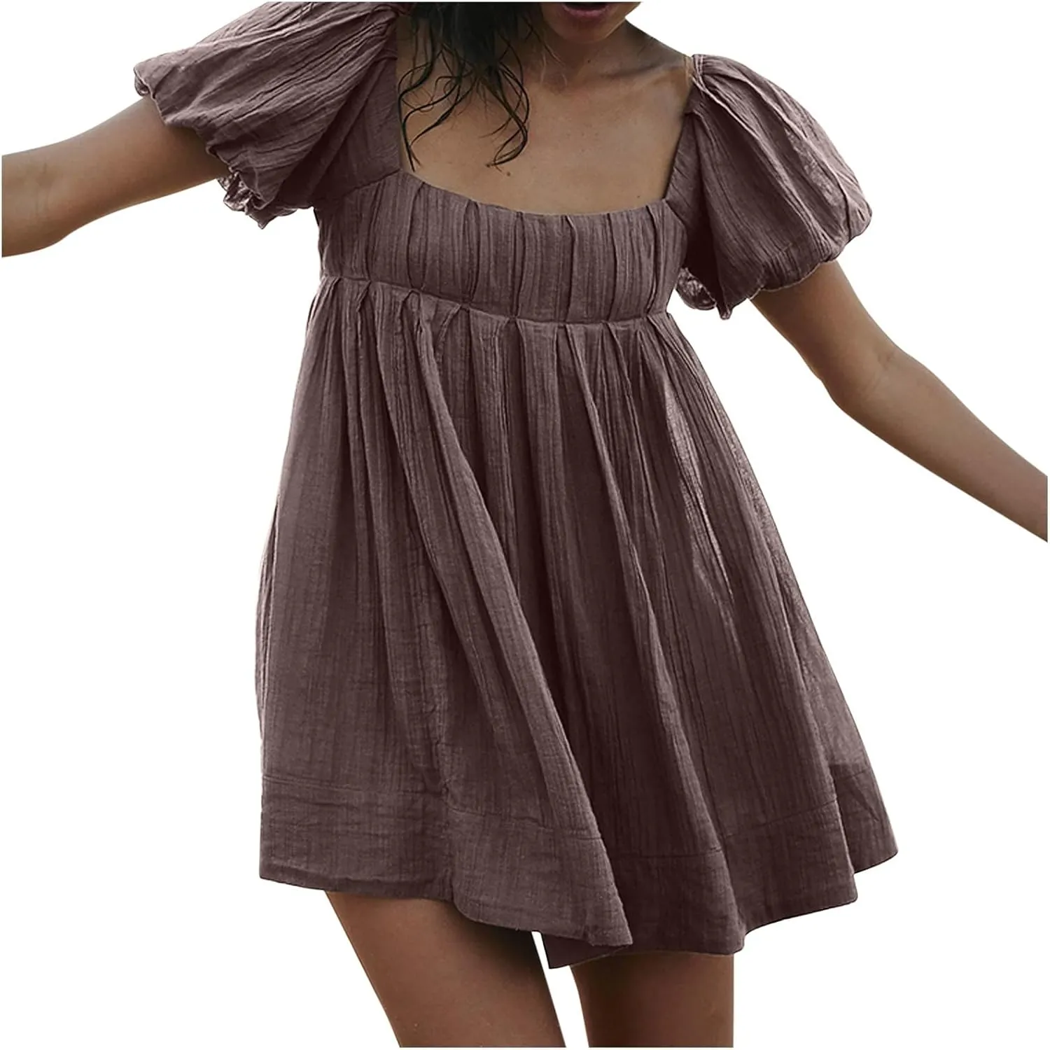 Women Summer Cotton Mini Dresses Square Neck Ruffle Sleeve Solid Color Simple Flowy Club Party Short Dress