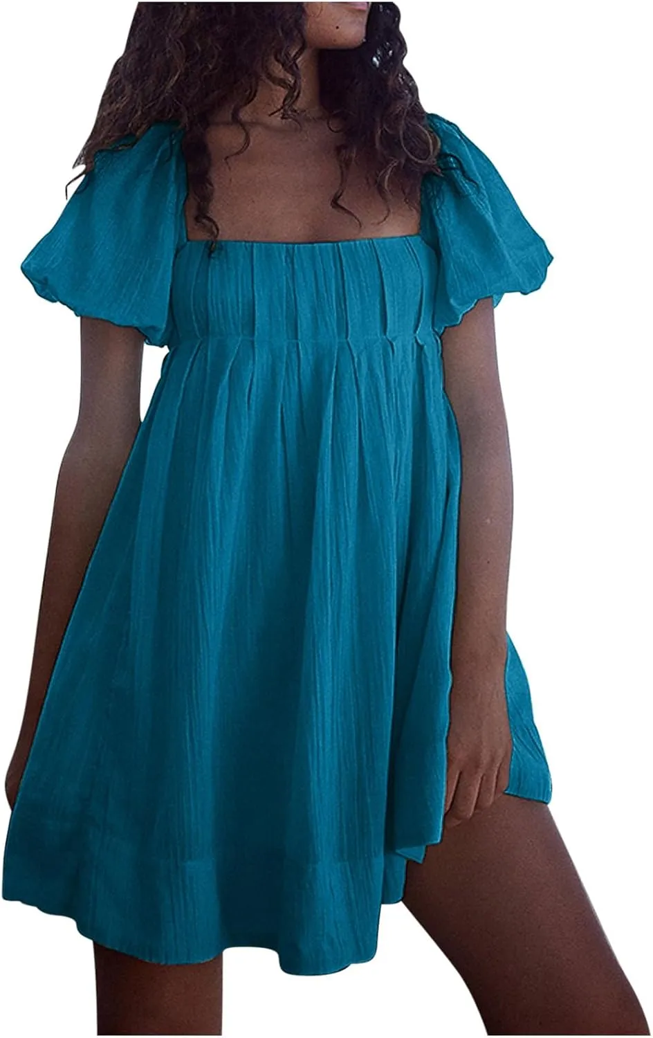 Women Summer Cotton Mini Dresses Square Neck Ruffle Sleeve Solid Color Simple Flowy Club Party Short Dress
