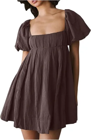 Women Summer Cotton Mini Dresses Square Neck Ruffle Sleeve Solid Color Simple Flowy Club Party Short Dress