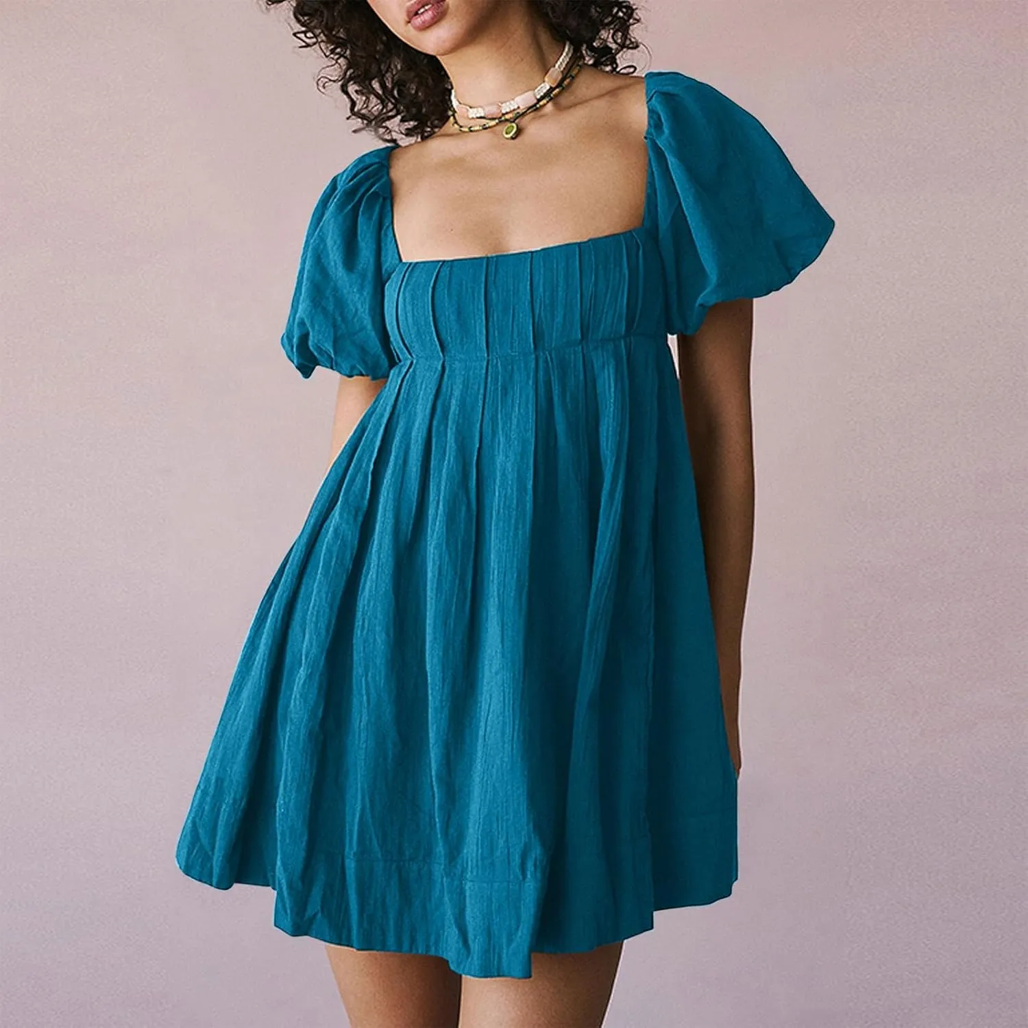 Women Summer Cotton Mini Dresses Square Neck Ruffle Sleeve Solid Color Simple Flowy Club Party Short Dress