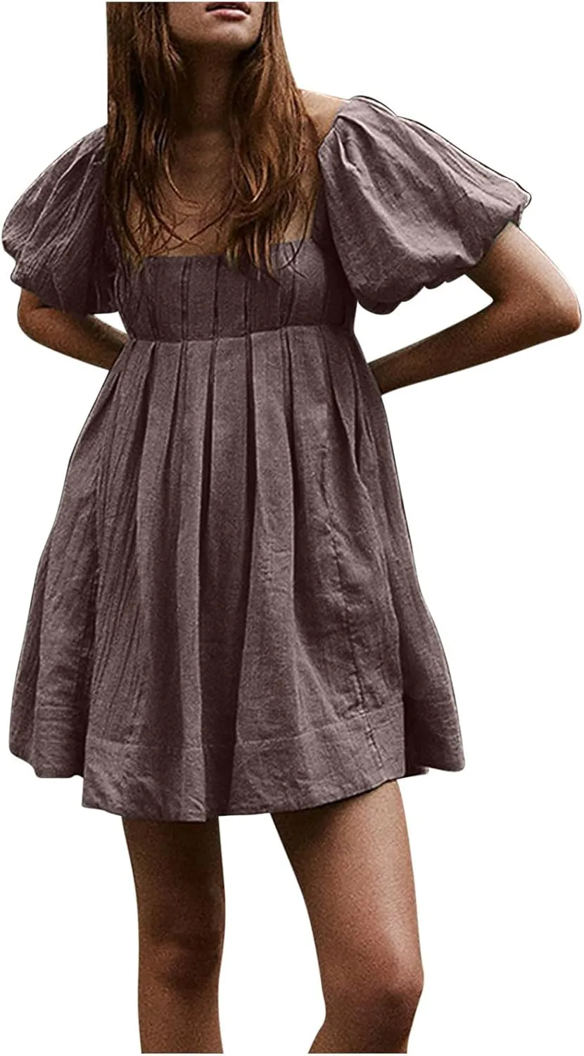 Women Summer Cotton Mini Dresses Square Neck Ruffle Sleeve Solid Color Simple Flowy Club Party Short Dress