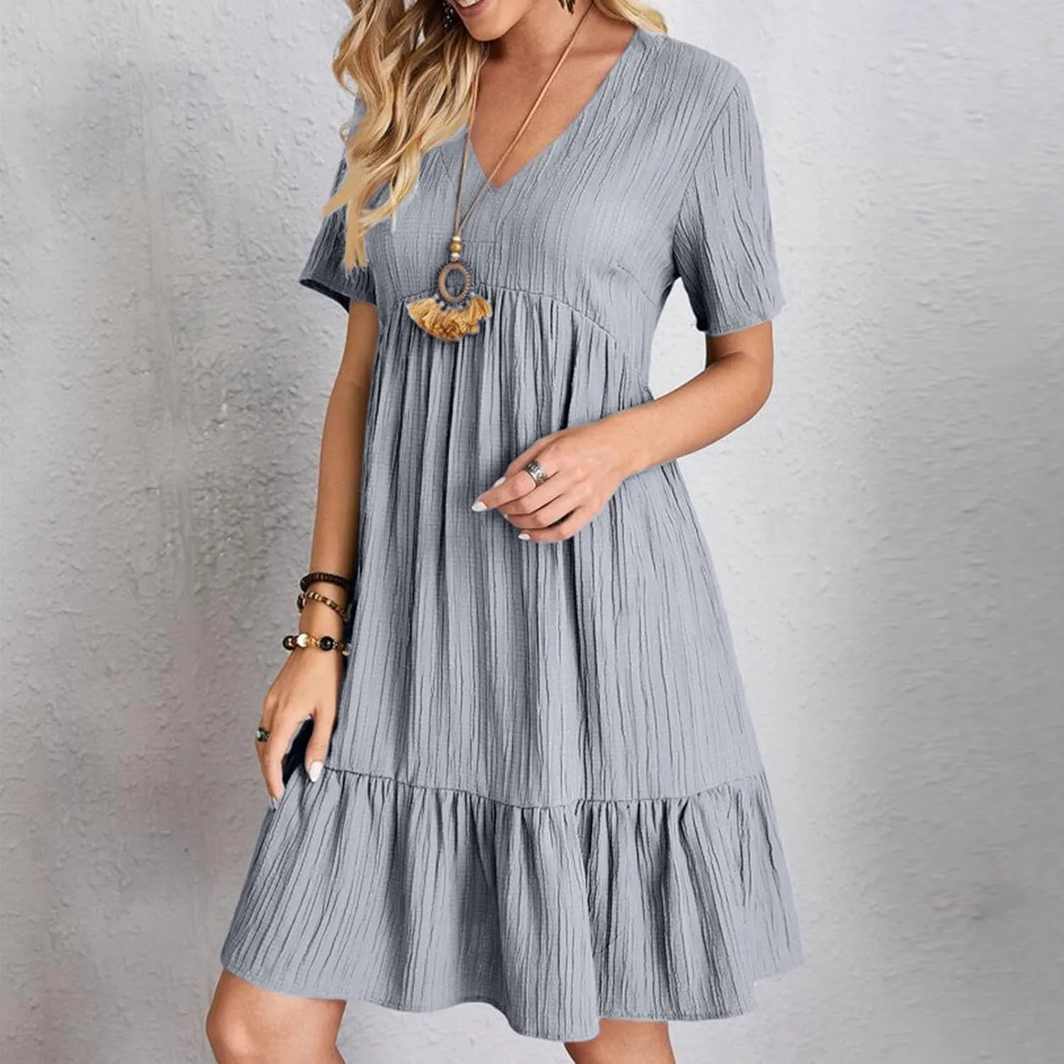 Women V Neck Casual Dresses Summer Loose Short Sleeve Mini Dress Ruffle Cute Beach Swing Boho 2025 Vacation Outfits