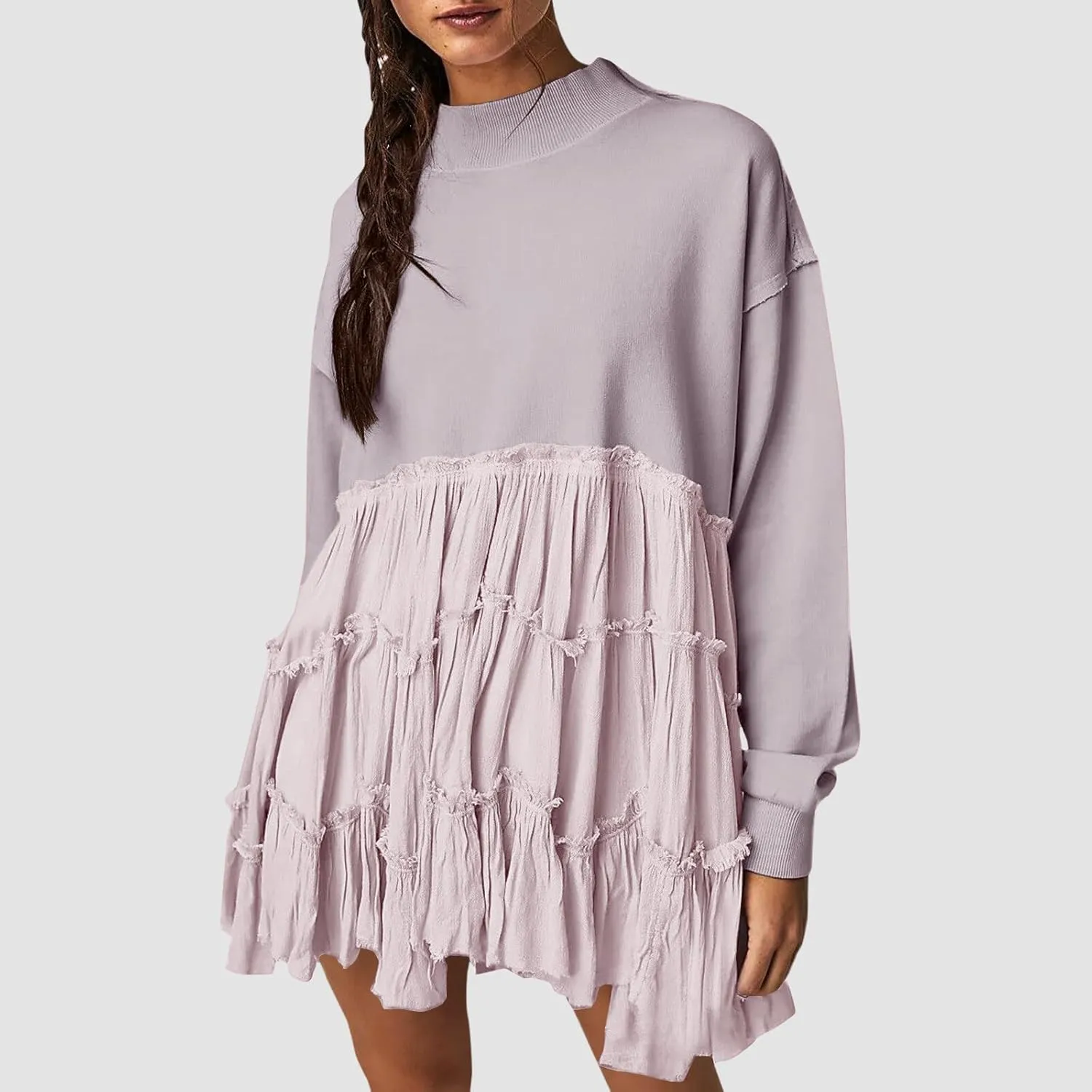 Women's 2024 Fall Winter Flowy Oversized Sweatshirt Mini Dress Casual Long Sleeve Ruffle Hem Patchwork Pleated Dresses