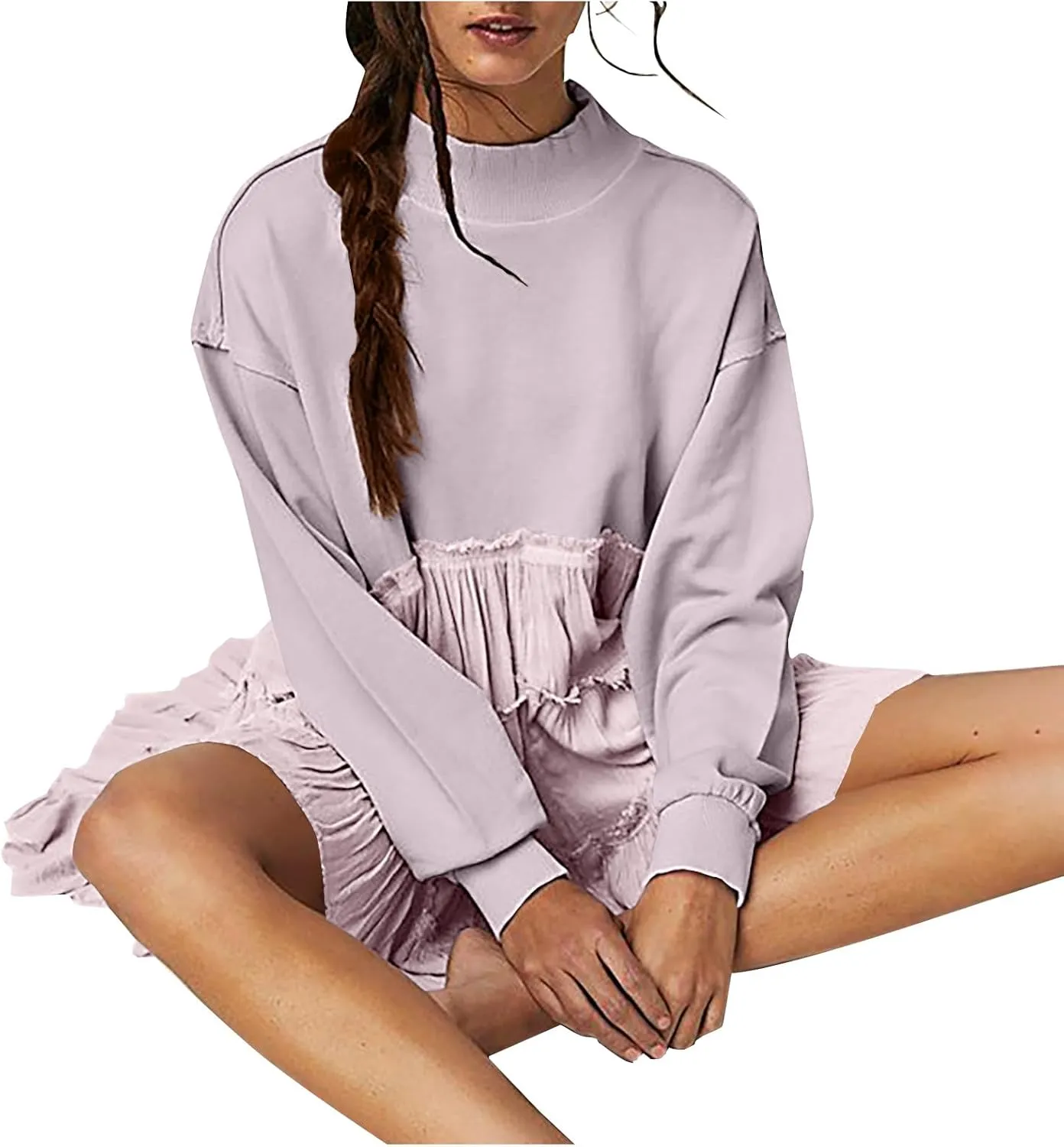 Women's 2024 Fall Winter Flowy Oversized Sweatshirt Mini Dress Casual Long Sleeve Ruffle Hem Patchwork Pleated Dresses