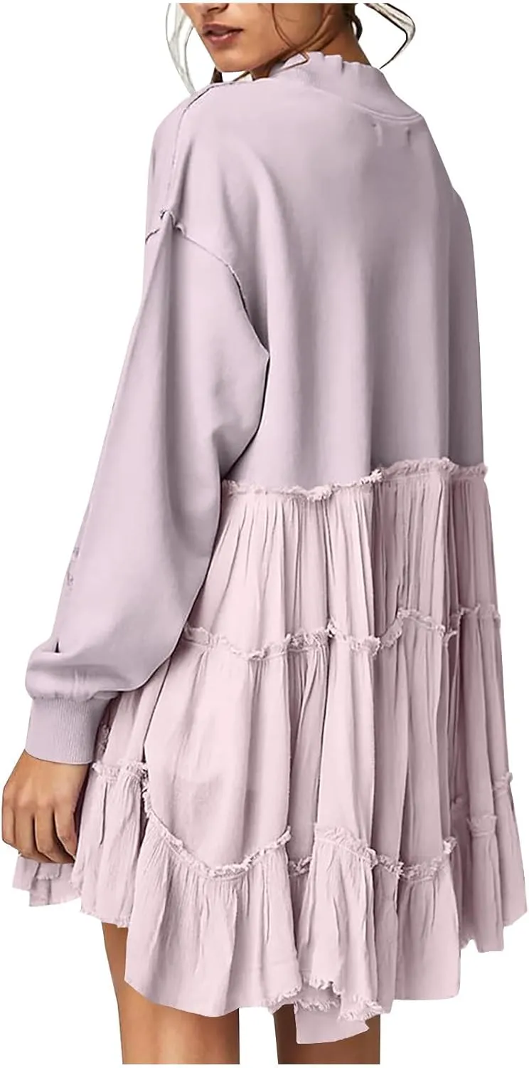 Women's 2024 Fall Winter Flowy Oversized Sweatshirt Mini Dress Casual Long Sleeve Ruffle Hem Patchwork Pleated Dresses
