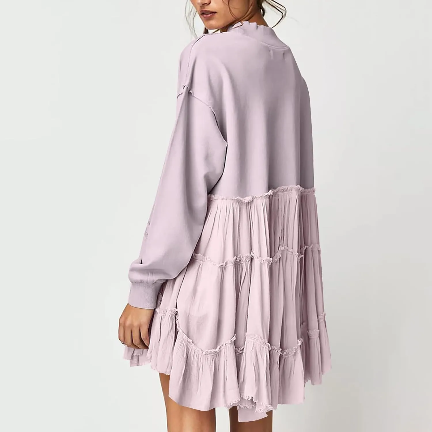 Women's 2024 Fall Winter Flowy Oversized Sweatshirt Mini Dress Casual Long Sleeve Ruffle Hem Patchwork Pleated Dresses
