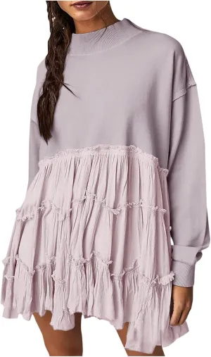 Women's 2024 Fall Winter Flowy Oversized Sweatshirt Mini Dress Casual Long Sleeve Ruffle Hem Patchwork Pleated Dresses