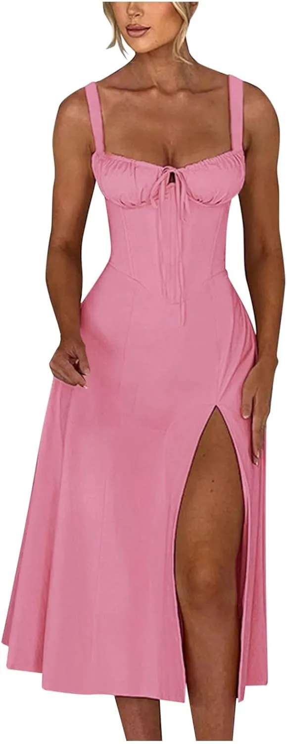 Womens 2024 Summer Maxi Dress Sleeveless Floral Spaghetti Strap Smocked Boho Beach Long Dress