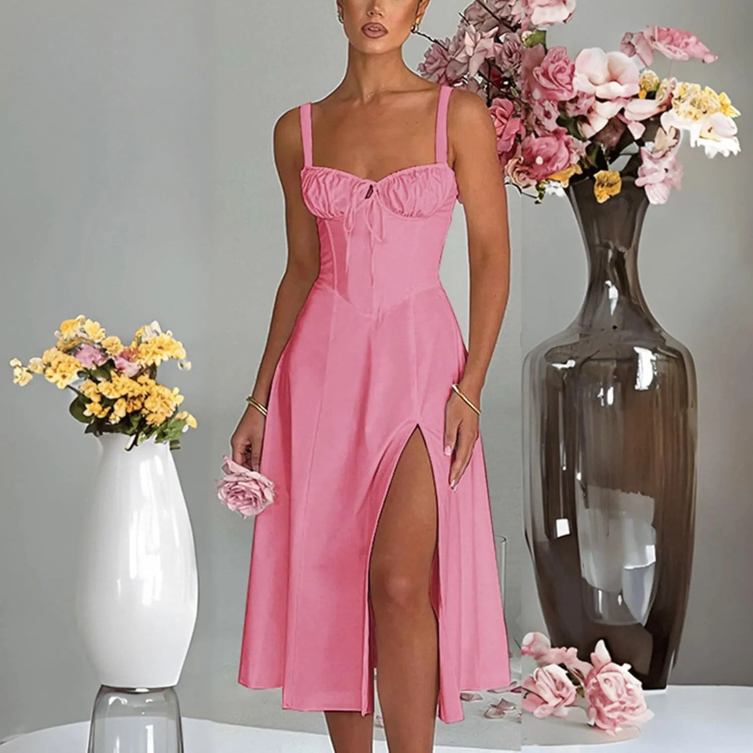 Womens 2024 Summer Maxi Dress Sleeveless Floral Spaghetti Strap Smocked Boho Beach Long Dress