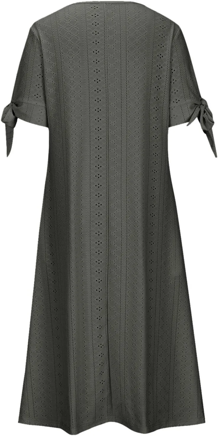 Women's A Line V Neck Dress Cut Out Short Sleeve Sundress Fashion Summer Casual Eyelet Breathable with Pocket