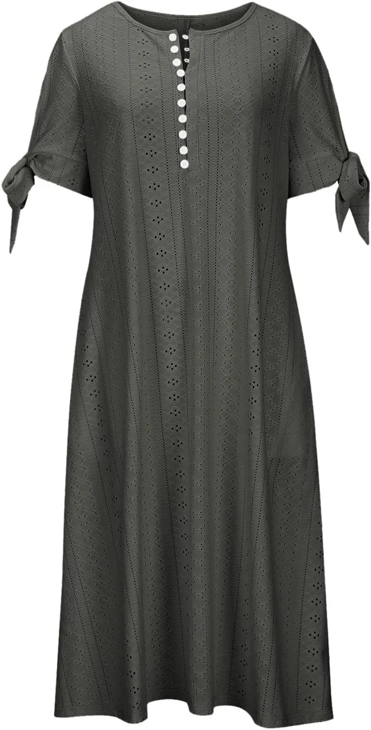 Women's A Line V Neck Dress Cut Out Short Sleeve Sundress Fashion Summer Casual Eyelet Breathable with Pocket