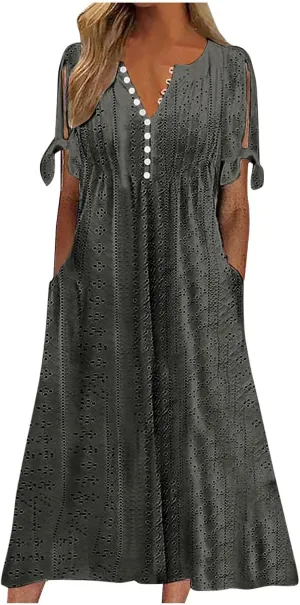 Women's A Line V Neck Dress Cut Out Short Sleeve Sundress Fashion Summer Casual Eyelet Breathable with Pocket