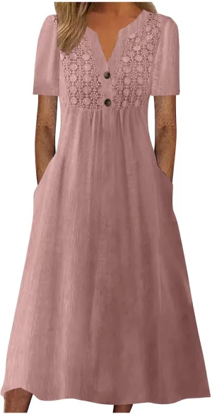 Women's Boho Floral Flowy A Line Midi Dress Casual Loose Summer Short Sleeve Beach Vacation Dresses with Pockets, Small, Zc-pink