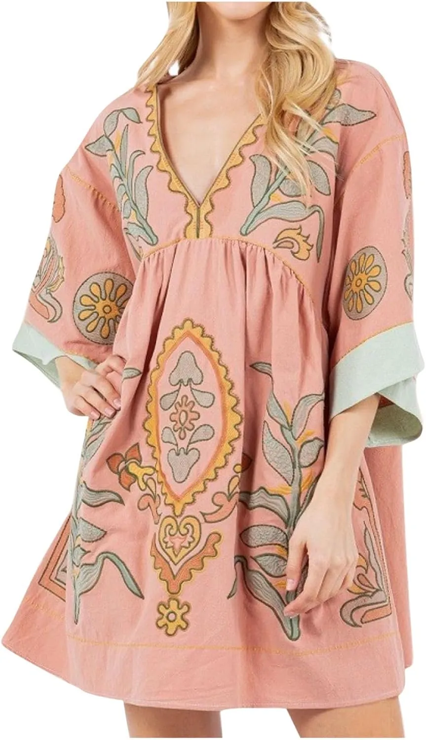 Womens Boho Oversized Dress Print Babydoll Mini Dresses Loose V Neck Y2K Summer Sexy Lounge Vacation Short Sundresses