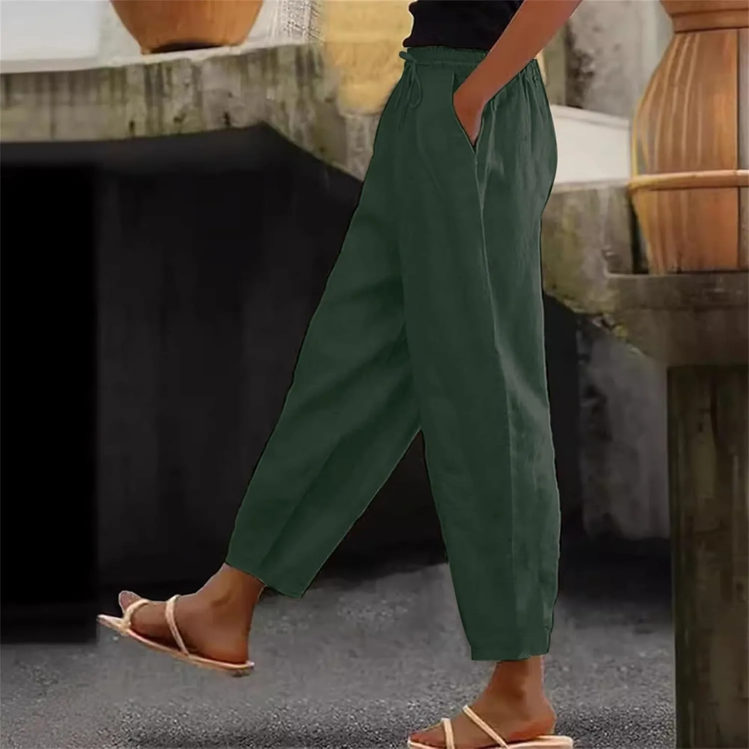 Women's Casual Linen Pants Classy Elastic Waist Trendy Striped Side Button Capri Straight Leg Baggy Pant with Pockets