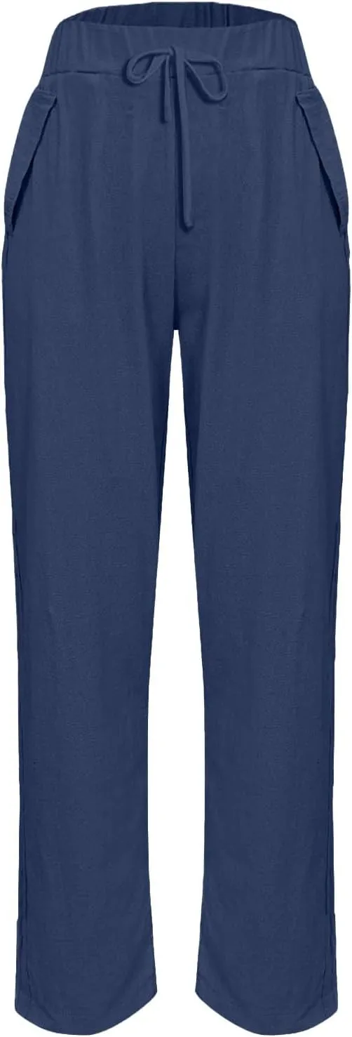 Women's Casual Linen Pants Classy Elastic Waist Trendy Striped Side Button Capri Straight Leg Baggy Pant with Pockets